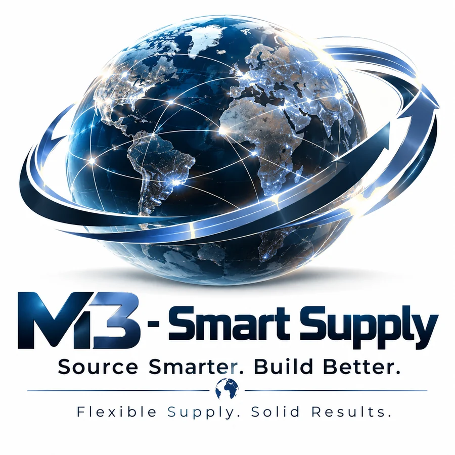 M3 - Smart Supply logo: globe with an orbit arrow, tagline Source Smarter. Build Better.